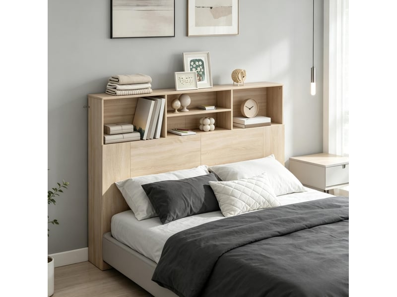  Tête de lit tcqpz 140 cm avec 4 niches de rangement en mdf et panneaux de particules coloris naturel  - Conforama D