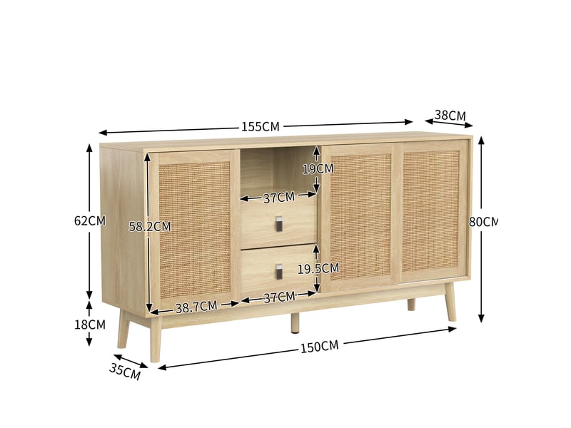  Buffet bas avec 3 portes coulissantes en rotin naturel et 2 tiroirs 155 x 38 x 80 cm bois clair  - Conforama E