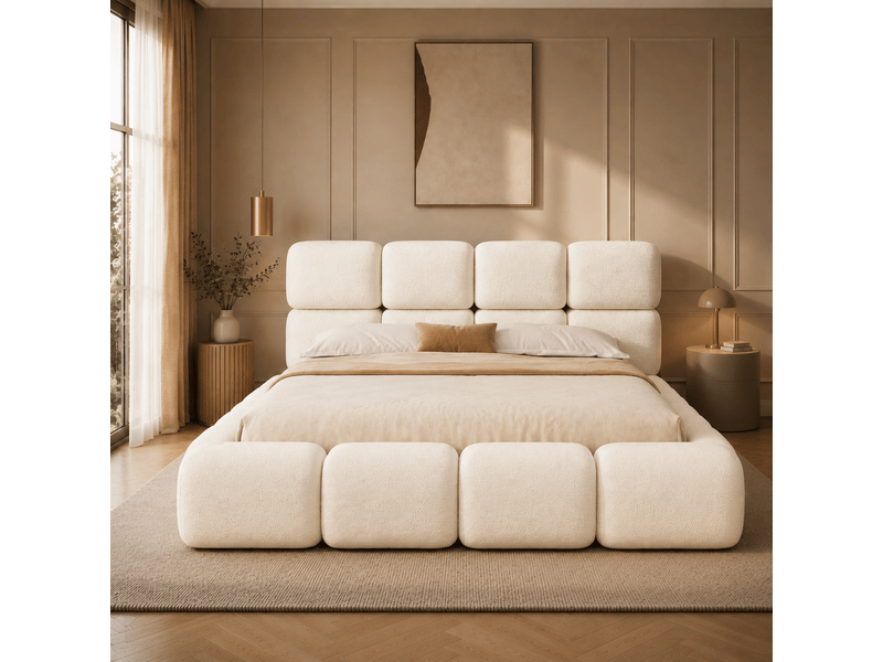  Lit coffre 160x200 cm blanc, tissu bouclé, sommier relevable hydraulique, design nuage, tête de lit rembourrée 12 cm, sommier à lattes inclus  - Conforama W