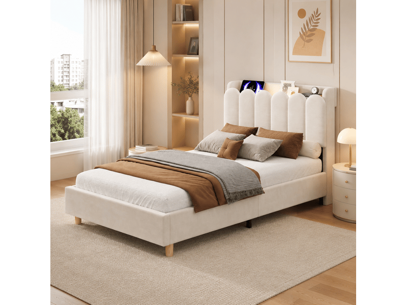  Lit enfant 90x200 cm en velours beige avec sommier, usb, type-c et lampe de lecture  - Conforama E