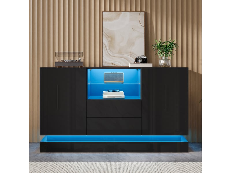  Buffet bas 140x40x84 cm, 2 portes, 2 tiroirs, éclairage led contrôlable par application, en panneau de particules, noir  - Conforama B