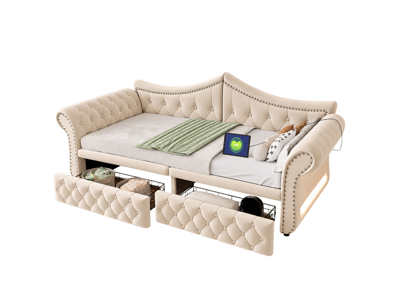Canapé-lit 90 x 200 cm – avec 2 tiroirs – avec port de charge usb – beige (matelas non inclus) - Conforama A