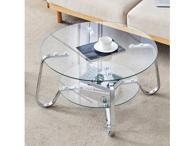  Table basse ulevr ronde à 2 niveaux avec rangement, ø 80 cm, verre trempé et métal argenté, hauteur 45 cm  - Conforama B