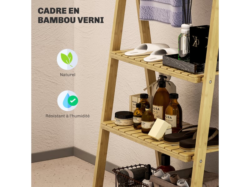  Étagère salle de bain en bambou pliable 3 niveaux étagère à échelle porte-serviettes 53,5x30x153cm effet bois naturel  - Conforama R