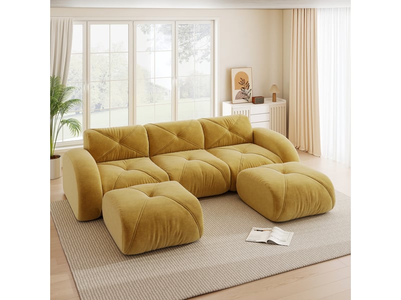 Canapé modulable 3 places ulevr en u avec 2 poufs, tissu chenille jaune, sans cadre, 281 x 171 x 76 cm - Conforama B