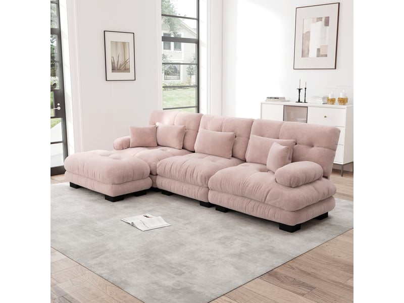 Canapé d'angle, canapé convertible – en velours tricoté, avec pouf, rose, style cloud - Conforama C