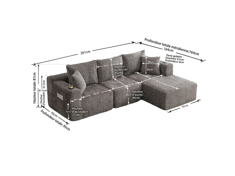 Canapé d'angle modulable sans montage 261x165 cm - canapé en l gris avec porte-gobelets - Conforama C