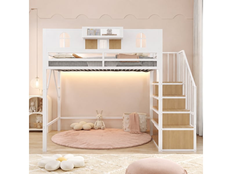 Lit mezzanine 90 × 200 cm avec échelle de rangement, étagère, éclairage et espace ouvert, blanc 255 × 95,5 × 187 cm - Conforama B