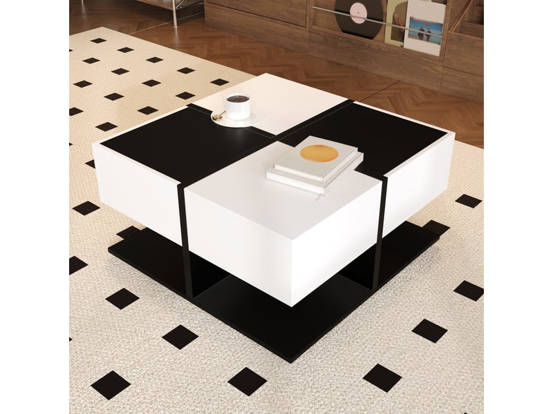  Table basse carrée avec 2 tiroirs à coulisses silencieuses, en panneaux de particules noir et blanc, 70×70×35,5 cm  - Conforama E