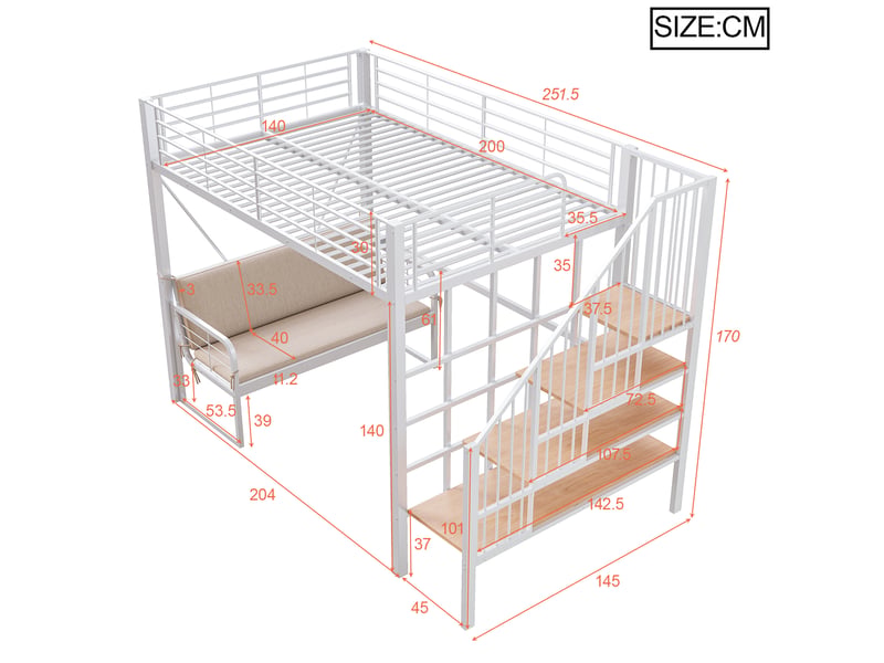  Lit superposé enfant 140x200 cm – blanc – escalier de rangement, canapé amovible et lavable, sans matelas  - Conforama C