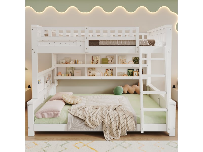  Lit superposé familial 120x200140x200cm séparable en 2 lits, avec échelle, double étagère et panneau perforé, bois massif et mdf, blanc evarich - Conforama B
