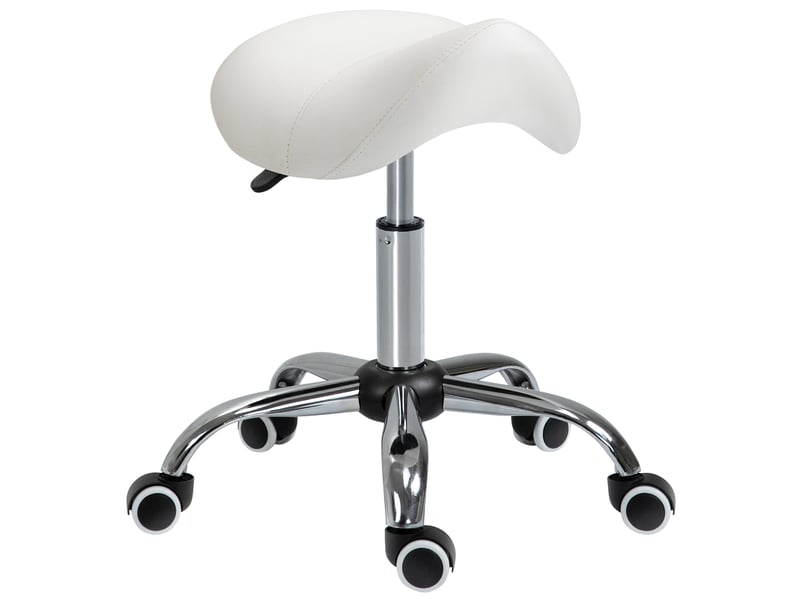  Tabouret de bureau selle pivotant à roulettes avec hauteur réglable et assise rembourrée en métal et similicuir blanc  - Conforama A