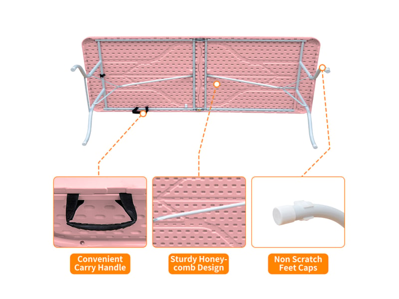 Table pliante portable 244x76 cm – rose – poignée de transport – capacité de charge 135 kg – rangement compact  - Conforama C