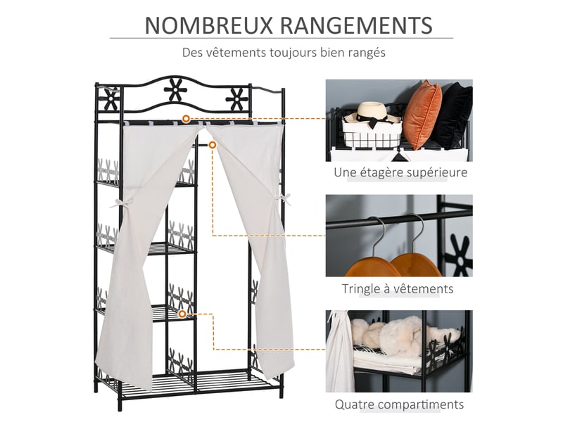  Armoire chambre adulte penderie vêtement dressing multi rangements 5 étagères 84l x 42l x 159h cm blanc métal noir 2 rideaux  - Conforama A