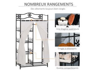 Armoire chambre adulte penderie vêtement dressing multi rangements 5 étagères 84l x 42l x 159h cm blanc métal noir 2 rideaux