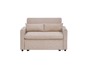 Canapé convertible 2 places avec fonction coulissante et ports usb, en tissu et bois pour salon, beige