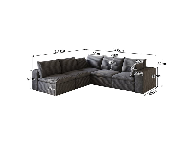 Canapé d'angle tcqpz modulable 5 places 260 x 250 cm velours côtelé gris foncé coussins déhoussables - Conforama C