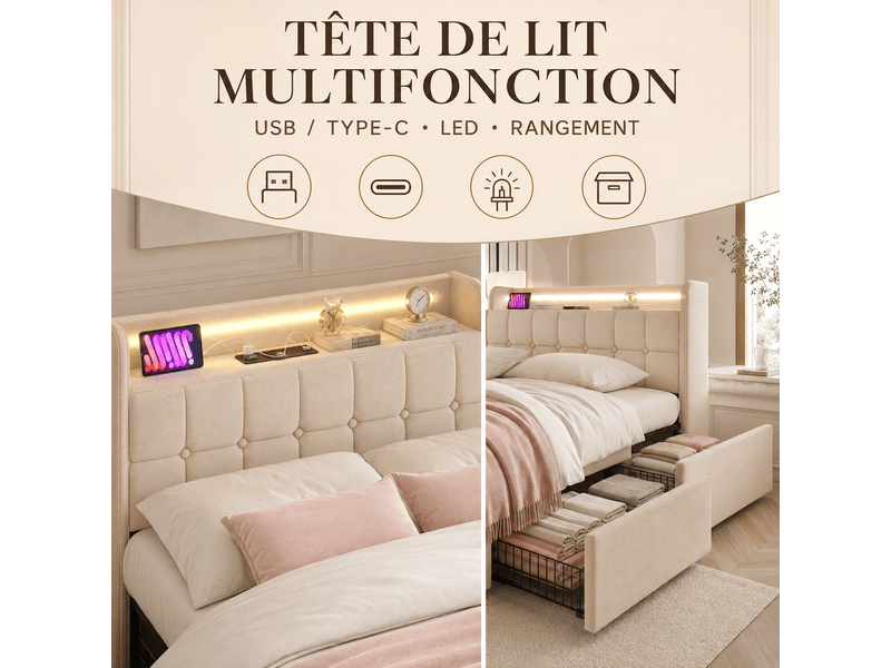  Lit adulte 160x200 avec 4 tiroirs - charge usb et led intégré - lit double avec sommier à lattes  et tête de lit capitonné - lit coffre rembourré avec rangement - cadre de lit - structure de lit ado - 2 personnesplaces - tissu e…  - Conforama W