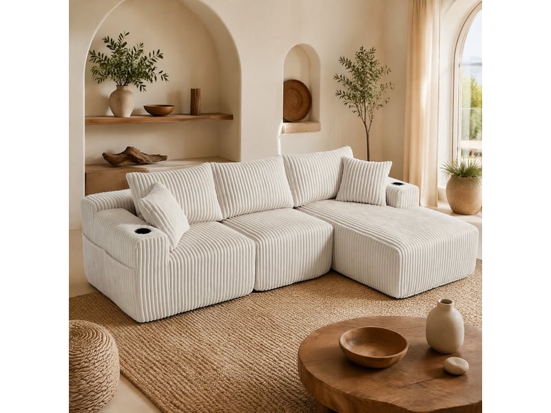  Canapé modulaire 3 places avec méridienne en velours côtelé beige  - Conforama B