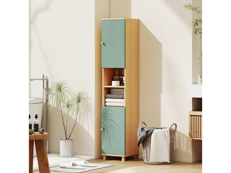 Meuble de salle de bain meuble de rangement 2 placards 2 compartiments ouverts 30 x 30 x 166 cm étagères réglables, vert  - Conforama D