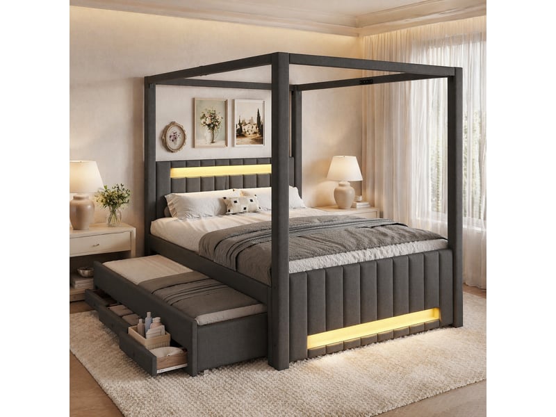  Lit à baldaquin 140 x 200 cm gris avec lit gigogne, 3 tiroirs et éclairage led  - Conforama D
