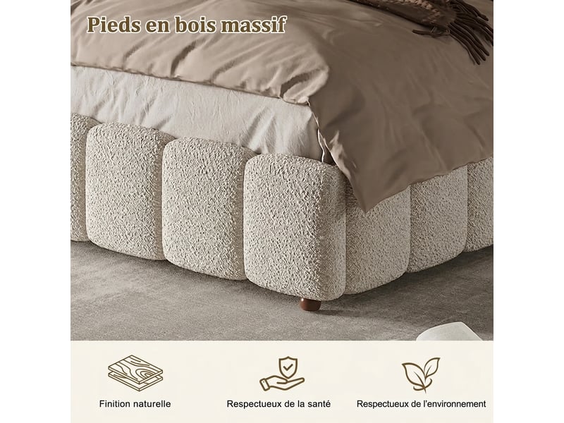 Lit double 140x190 lit coffre avec rangement tissu bouclette blanc sommier inclus - Conforama D
