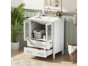 Meuble salle de bain 61 cm sur pied blanc brillant avec lavabo céramique et portes en verre strié
