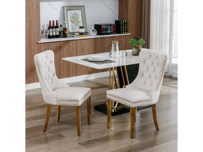 Lot de 2 chaises de salle à manger en velours beige, bois massif et pieds dorés - design élégant - Conforama B