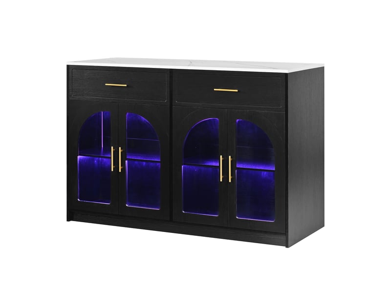 Desserte de cuisine avec 2 tiroirs, portes vitrées, étagères réglables et led en mdf 135×55×91 cm noire  - Conforama A