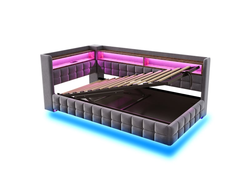 Lit canapé velours gris foncé 90x200 cm avec rangement hydraulique, led, usb et étagère - Conforama E