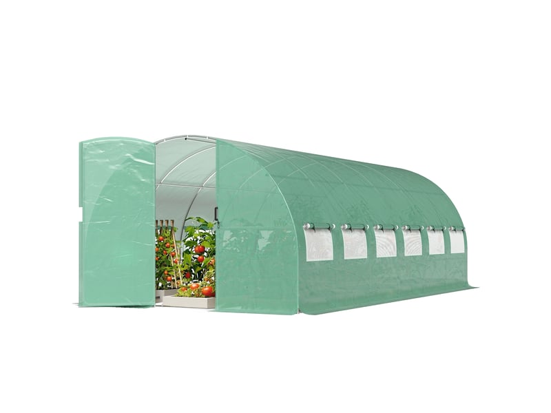  Serre tunnel de jardin 18m², serre de jardin tunnel avec porte et 12 fenêtres avec moustiquaires, 295x597x200cm, vert  - Conforama B