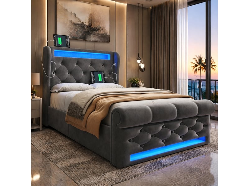 Lit coffre 1 place 90x200 cm avec led et ports usb-c, velours gris - Conforama C