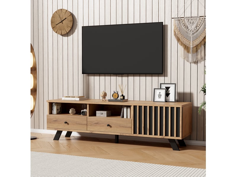  Ensemble meuble tv et buffet 120x38x75 cm et 150x38x44 cm, 5 niveaux de rangement, mdf, bois et panneau de particules, naturel et noir  - Conforama E