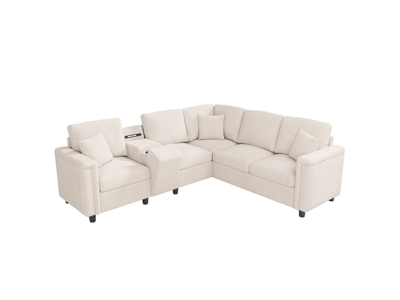 Canapé d'angle de salon 5 places 235 x 208 x 83 cm avec rangement, porte-gobelets, ports usb et type-c, coloris beige - Conforama A