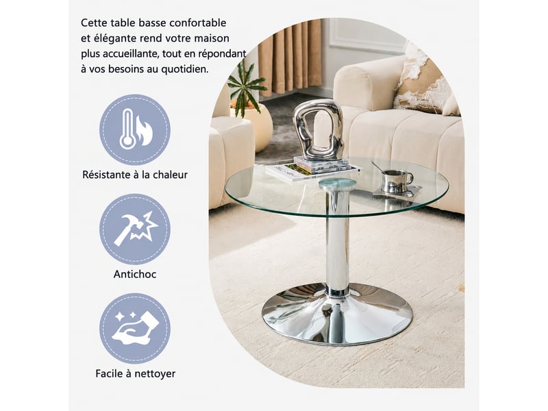  Table basse ronde en verre diamètre 70 cm, plateau en verre trempé et structure en métal argenté, design moderne  - Conforama D
