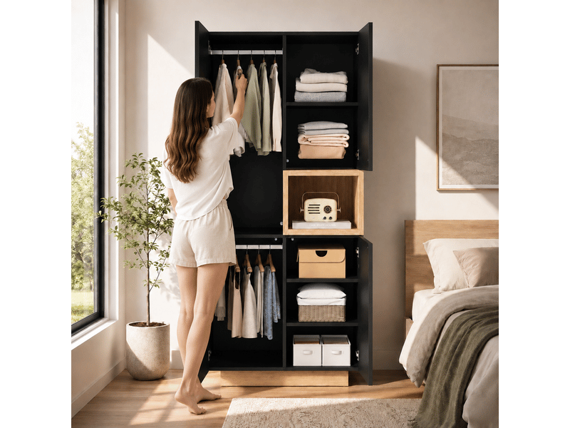  Armoire à 2 portes avec 2 tringles, 5 compartiments de rangement et 1 niche ouverte, 90 x 45 x 200 cm, noir  - Conforama D