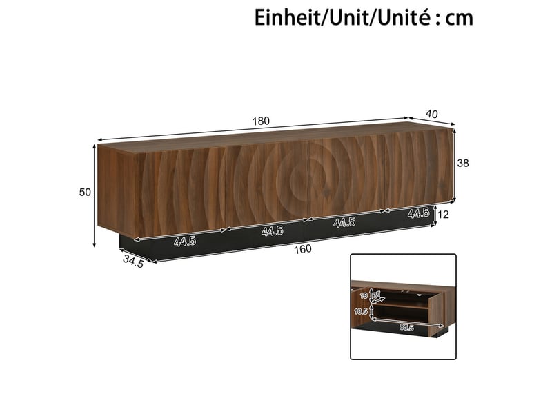  Meuble tv, 180 x 40 x 50 cm, portes à motif en relief arqué tridimensionnel, piètement noir, étagères fixes, couleur noyer  - Conforama C