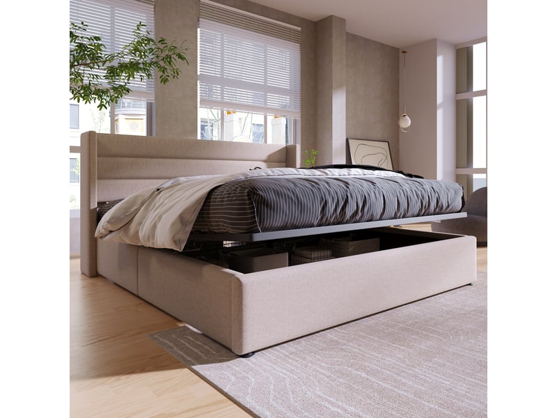  Lit coffre hydraulique 180x200 cm en lin beige, tête rembourrée et sommier inclus  - Conforama D