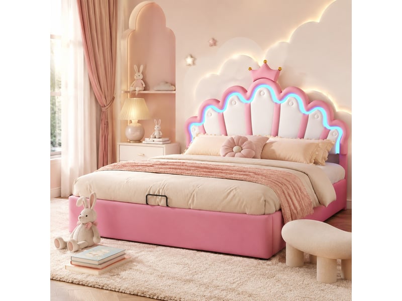  Lit coffre 140x200cm, lit jeune, rose, métal, en mdf, pu, forme nuage, éclairage led innovant, rangement caché, sans matelas  - Conforama B