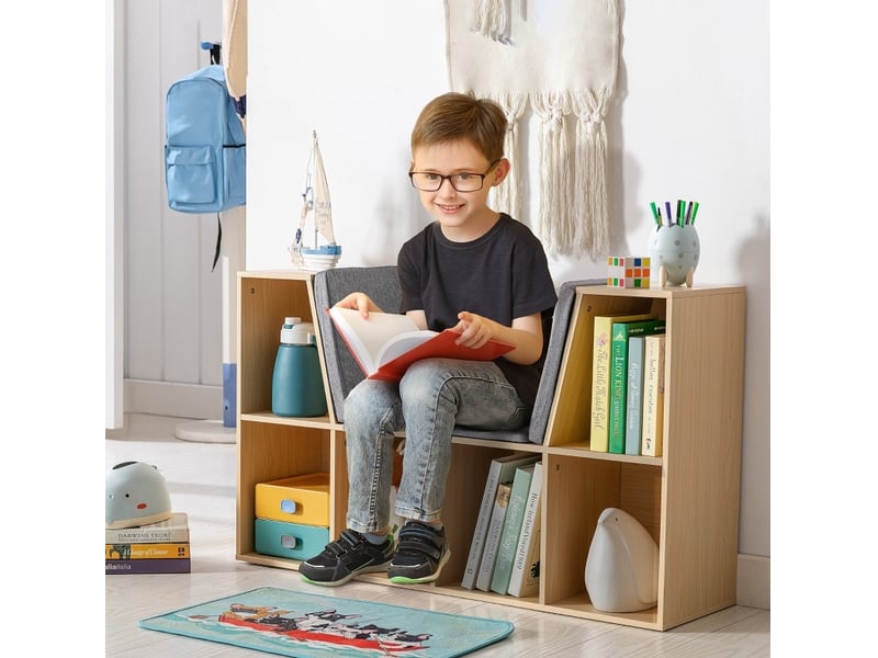  Bibliothèque enfant avec banquette 103 x 30 x 62 cm gris et naturel, mdf, 6 compartiments, 3 coussins  - Conforama B