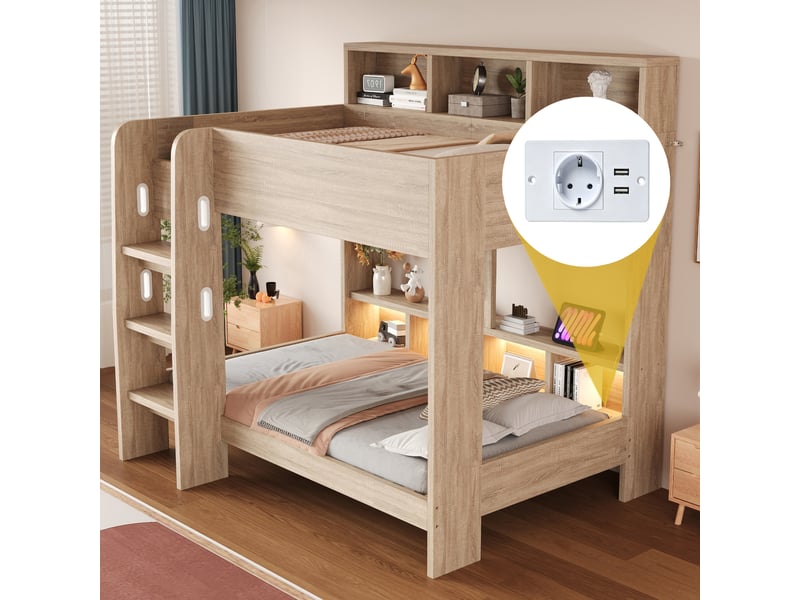 Lit superposé en bois 90 x 200 cm avec rangements, led et prises, coloris naturel - Conforama E