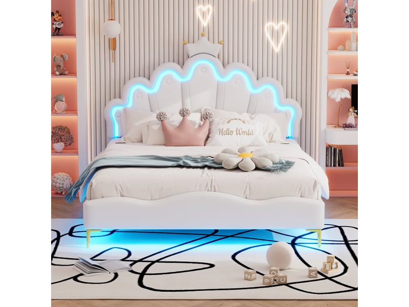  Lit 140x190cm - lit enfant 140x190 - lit double rembourré avec tête de lit couronne, led rgb - moderne - en similicuir pu blanc  - Conforama B