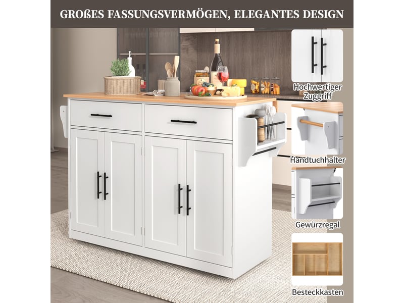  Desserte de cuisine blanc et naturel 120 × 4670 × 91 cm en mdf, plateau rabattable, 4 portes, roulettes et pieds en bois  - Conforama D