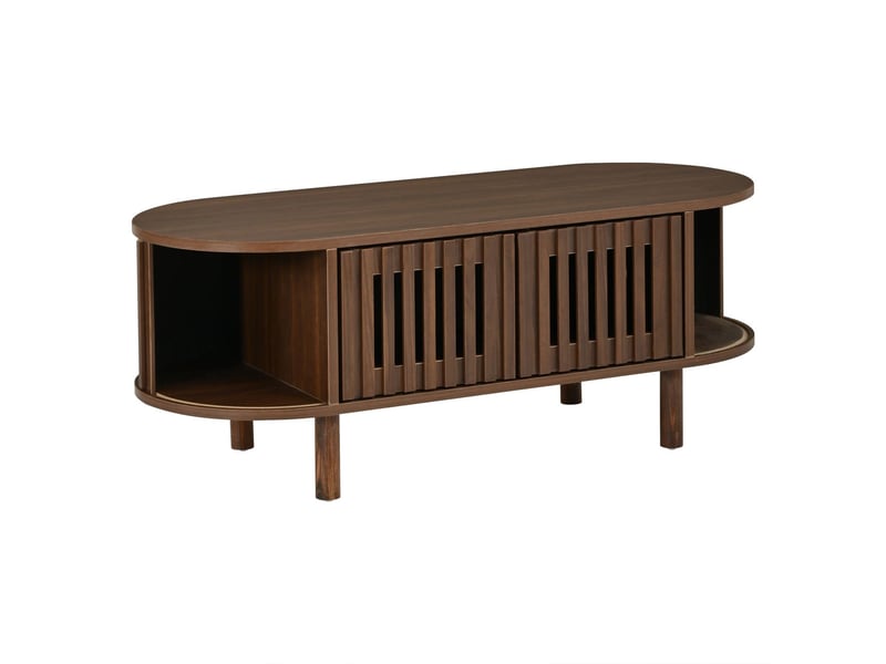Table basse avec rangement 100 x 40 x 38 cm forme ovale deux portes à lamelles et porte à enroulement pieds en bois massif structure en mdf capacité de charge jusqu’à 30 kg coloris noyer - Conforama A