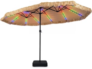 Parasol de jardin exterieur en paille pe avec pied et led coloré, 4,5x2,7m grand parasol rectangulaire double exotique avec 12 baleines
