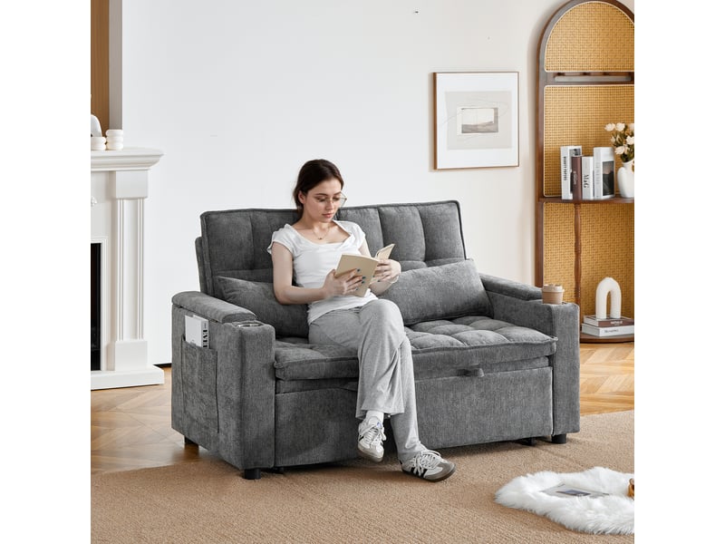  Canapé convertible 3-en-1 142 cm en chenille, lit gigogne, rangements, porte-gobelets et coussins, gris, design actuel  - Conforama D