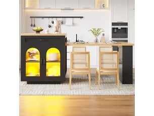 Îlot de cuisine extensible 126–196 cm avec éclairage led rgb, 2 tiroirs, étagère réglable, portes en verre cannelé, finition imitation bois