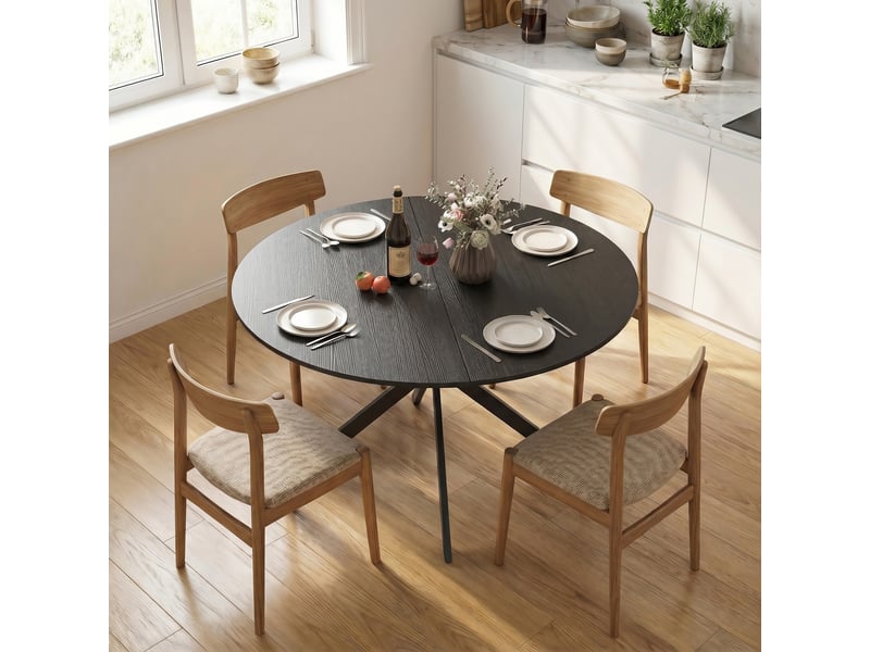  Table de salle à manger ronde pour 4 personnes, style industriel, pieds en acier, noire, idéale pour la cuisine ou la salle à manger.  - Conforama C