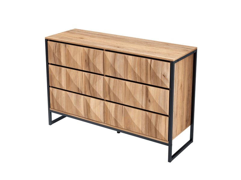  Commode à 6 tiroirs, 120 x 40 x 80 cm, façades géométriques en relief et cadre métallique, effet bois naturel et noir  - Conforama A