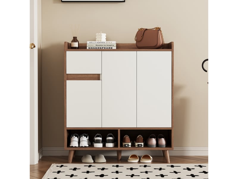  Meuble à chaussures 90x35x99 cm, large capacité rangement, étagères ajustables, design minimaliste blanc  - Conforama B